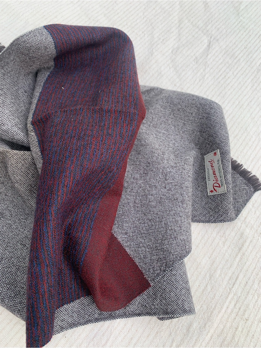 MERCERIE DIAMOND Vintage Wool Scarf – Grey & Burgundy Stripe 14"x50"